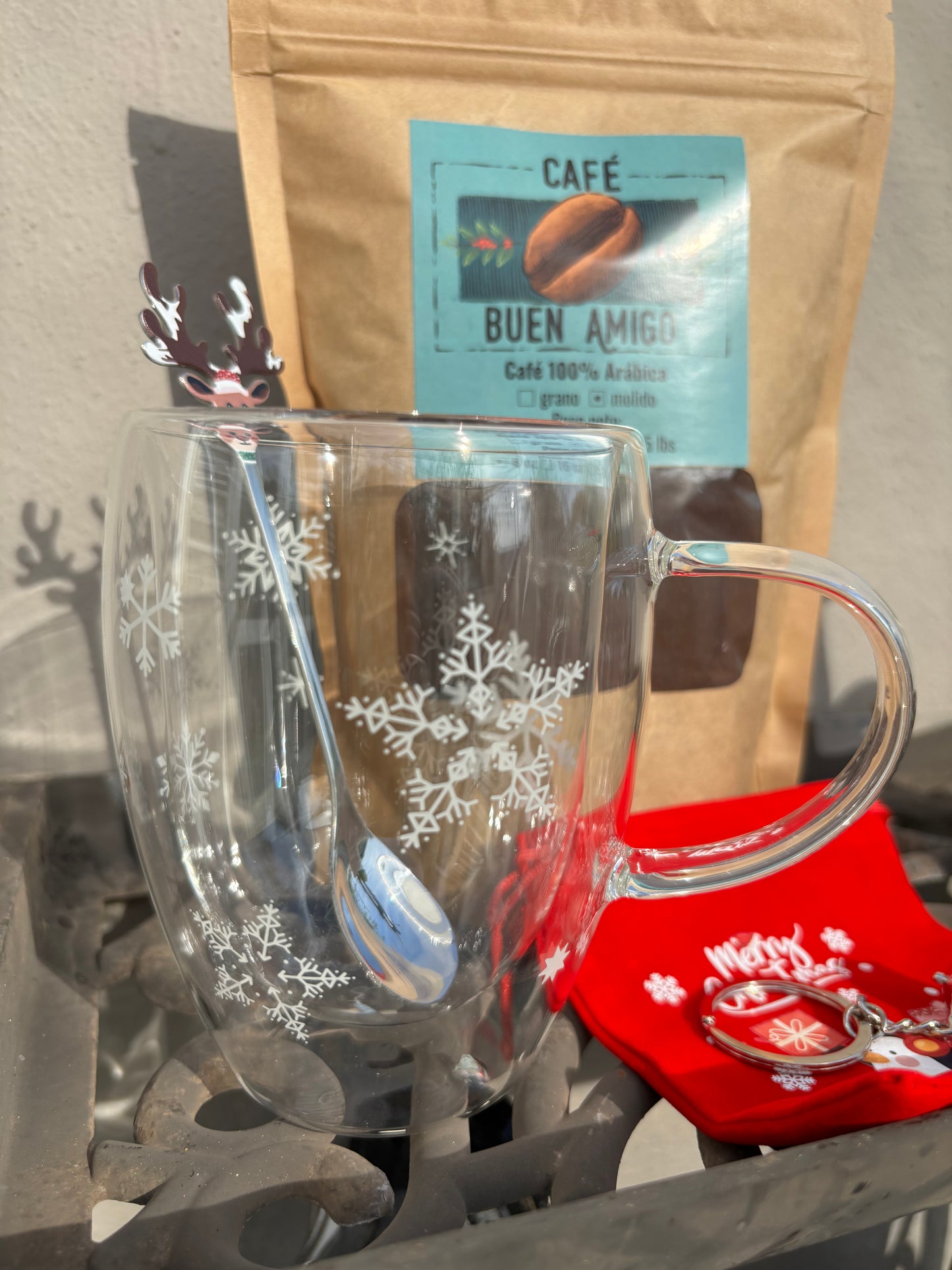 Bundle: Taza doble glass de navidad, cuchara, café Buen Amigo