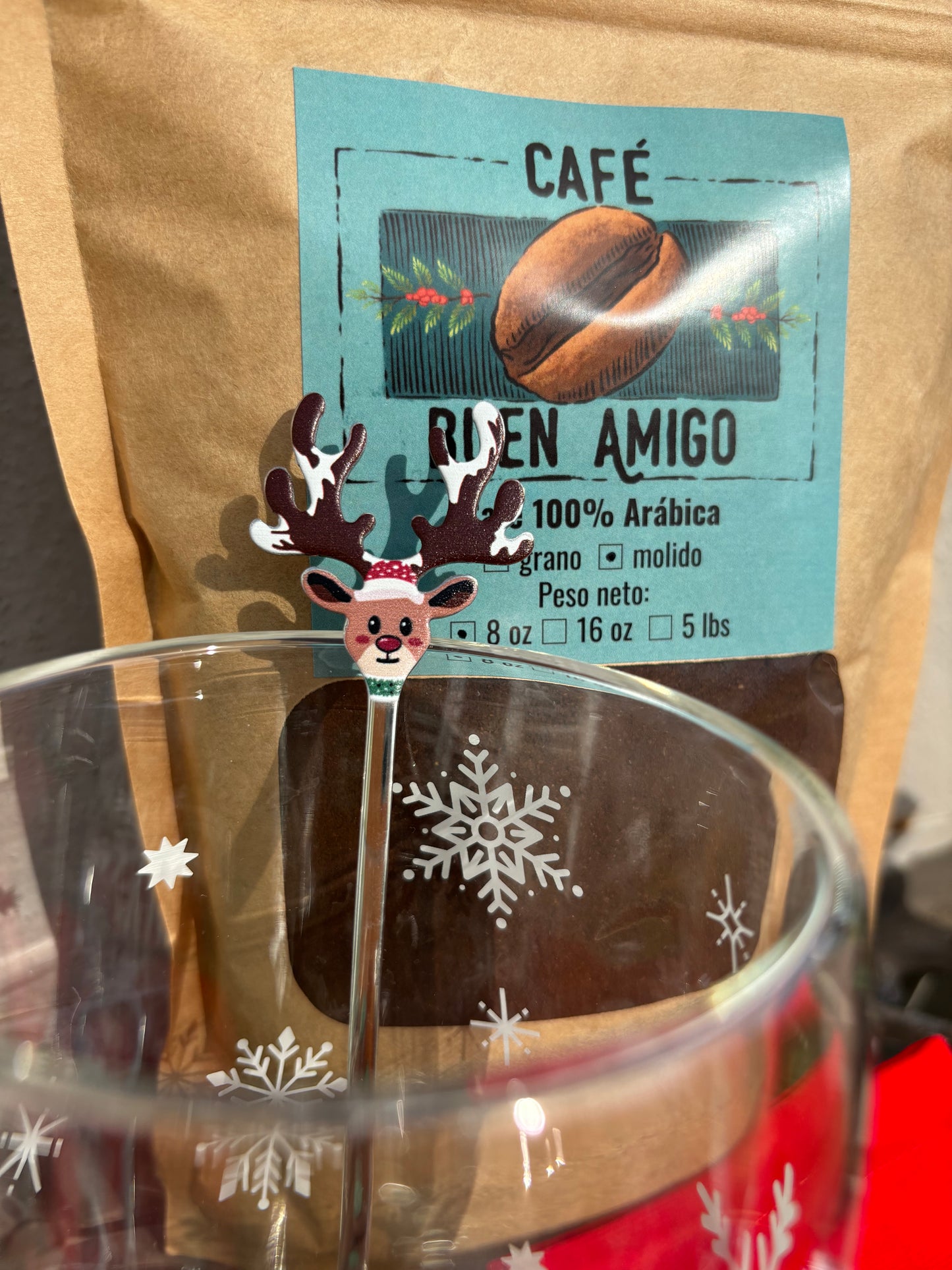 Bundle: Taza doble glass de navidad, cuchara, café Buen Amigo